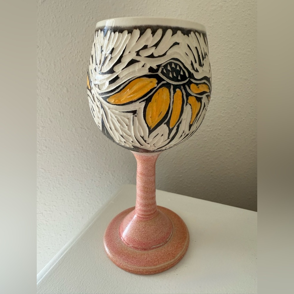 Handmade Pottery Wine Goblet | Artist Stamped | Pink Black Yellow Sunflower
